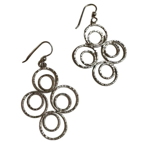 Hammered Silver Circle Dangle Earrings Geometric Modernist - Picture 2 of 4